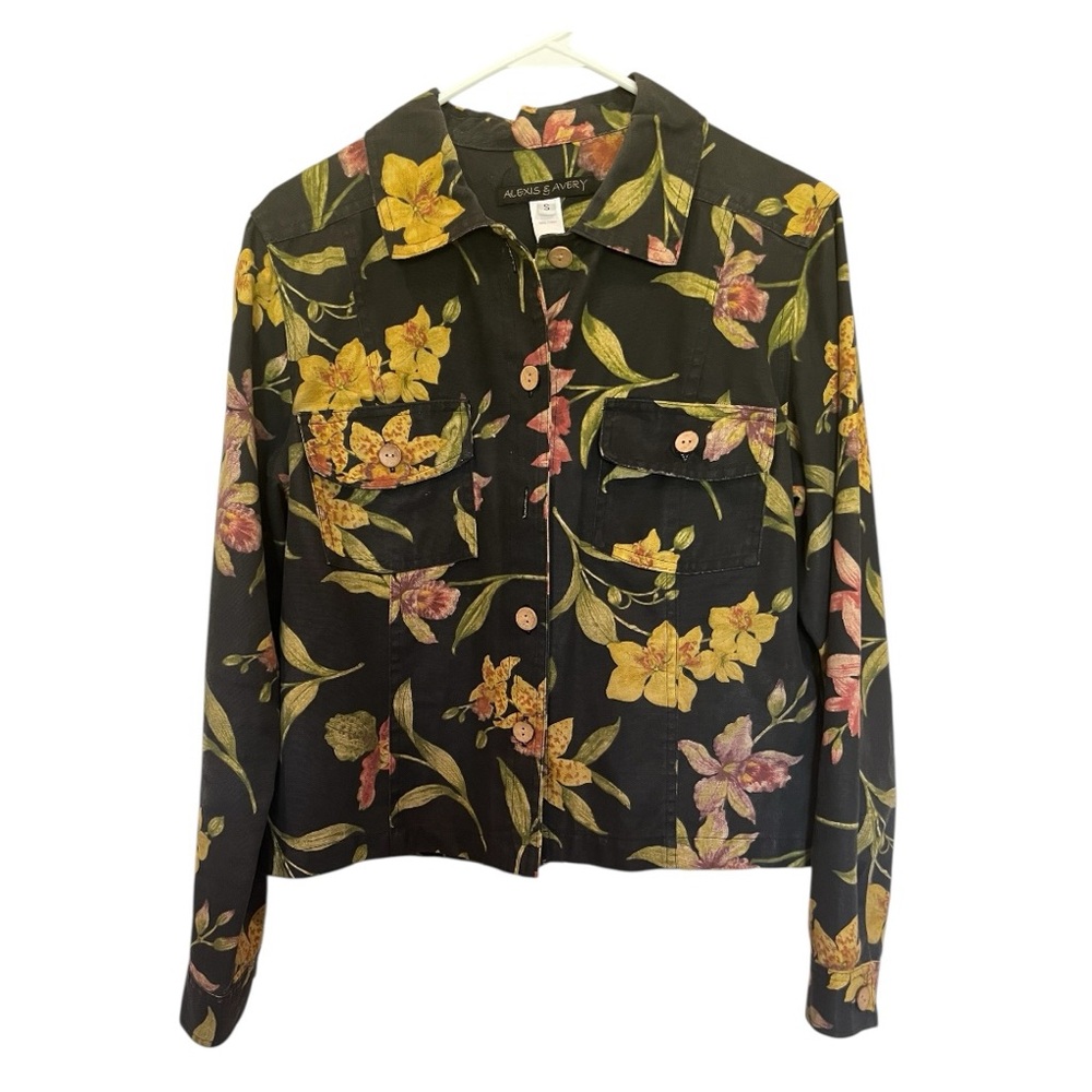 Alexis & Avery dark midnight floral fall colors denim jacket size small